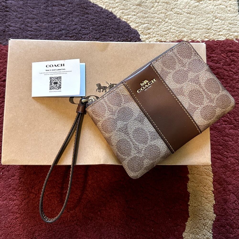 COACH Corner Zip Wristlet in Signature Canvas with Stripe